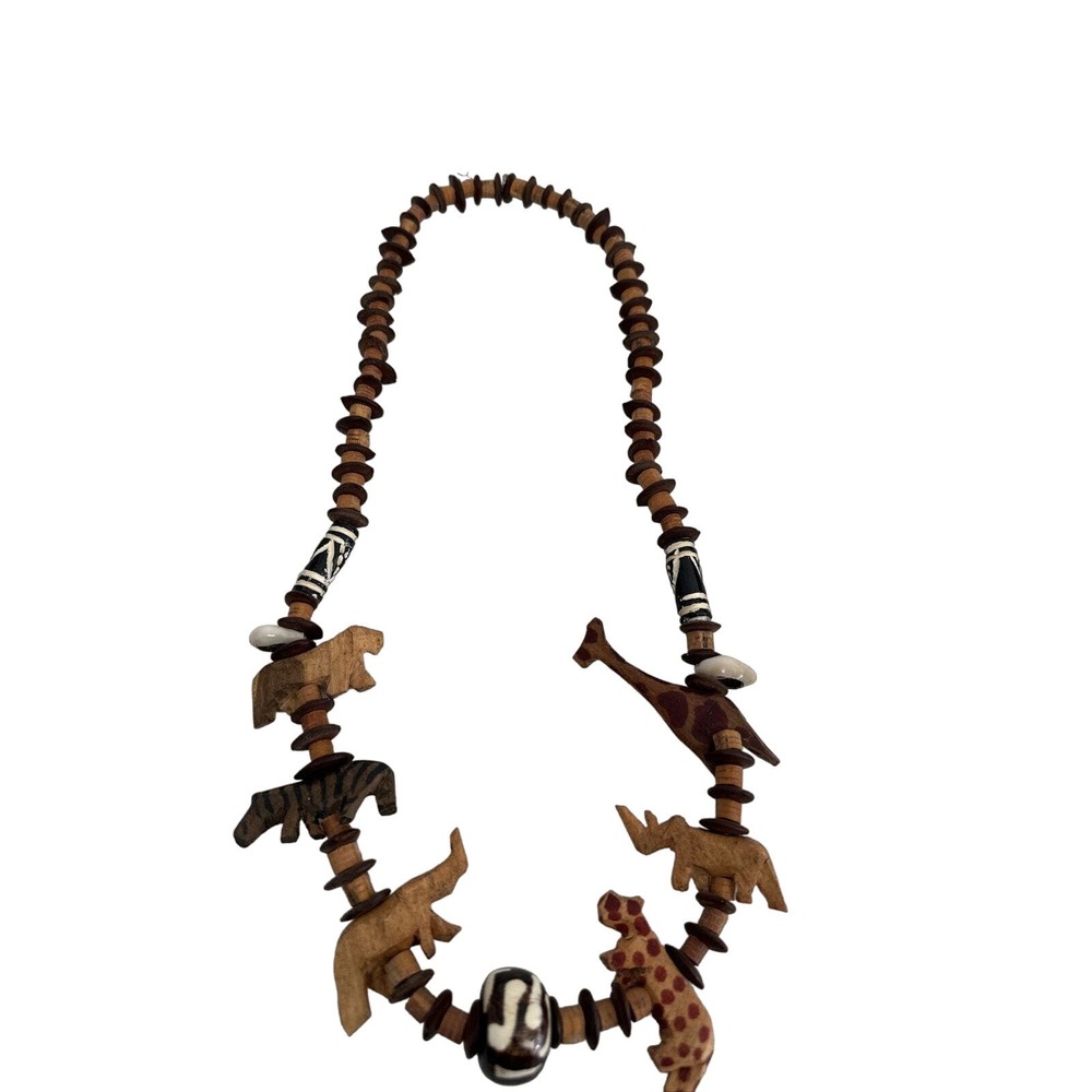 Vintage Hand Crafted Wooden Safari with African Animal Necklace
